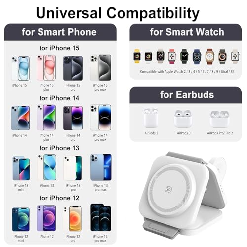 3 in 1 Wireless Charging Station,Foldable Magnetic Wireless Charger for Apple Devices,Travel Charging Pad for iPhone 17 16 15 14 13, Watch & AirPods,Fast Charging Station for Home Office Travel(White) - color: White