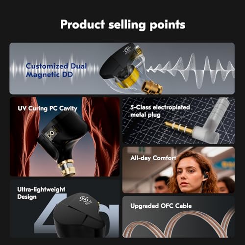CCZ NC01 Gospel Gaming Earbuds, Stereo Sound in Ear Monitor Headphones Wired, Customized Dual Magnetic DD IEMS Earphone with Detachable Tangle-Free Cable PC Cavity for Computer (with mic, Clear Black)