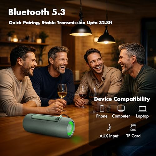 Fisher Portable Bluetooth Speakers IPX5 Waterproof Speaker, 14W Peak Power | Stereo Bluetooth Speaker, RGB Lights, TWS, BT 5.3, Built-in Mic, Hands Free Calling Speakers Bluetooth Wireless, Use Anywhere - color: Green