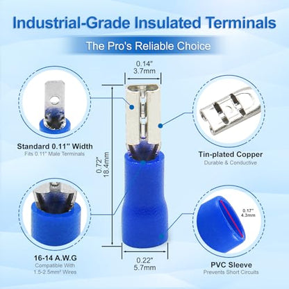 BAOMAIN 0.11" Female Quick Disconnect Spade Terminals 16-14 AWG 100-Pack | Blue Insulated Tin-Plated Crimp Connectors for 16-14 AWG Electrical Wiring. Fits 0.11" 2.8mm Male Spade Terminals - size: Female