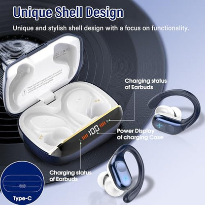75H Sports Wireless Earbuds Bluetooth 5.4 Headphones Stereo, Dark Blue | Over Ear Buds with Earhooks, LED Display Bluetooth Earbuds with 4 ENC Mic, IP7 Waterproof Earphone for Running