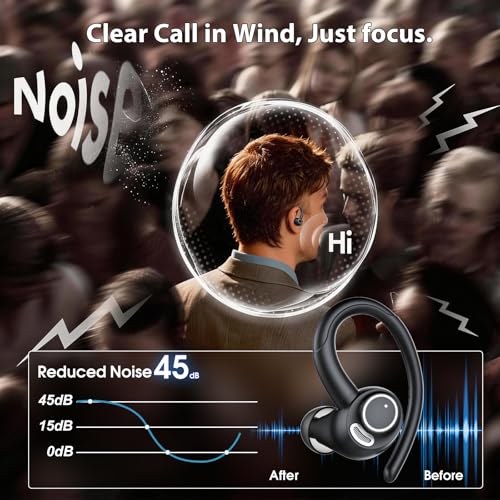 Wireless Sports Earbuds with Secure Earhook, 48H Deep Bass/ENC Mic Ear Buds | Wireless Earphone with LED Display, Bluetooth 5.3 Headphones In Ear, IPX7 Waterproof Over Ear Buds for Running/Workout - color: Black