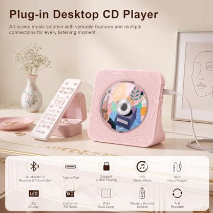 Gueray Portable CD Player with Bluetooth for Home, Hi-Fi Speaker,FM Radio | Plug-in desktop use,2-way Bluetooth mode, 3W speakers,Remote control,sleep timer, A-B repeat,USB/AUX,headphone jack - color: Pink