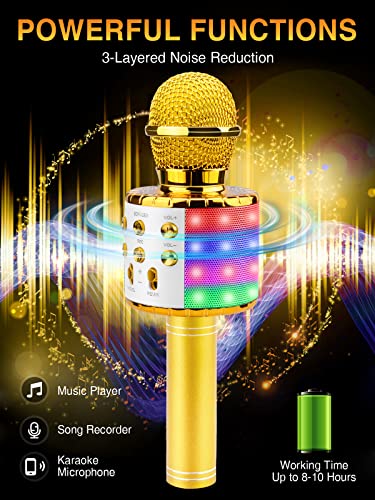 BlueFire 4 in 1 Karaoke Wireless Microphone with LED Lights, Portable Microphone for Kids, Great Gifts Toys for Kids, Girls, Boys and Adults (Gold) - color: gold