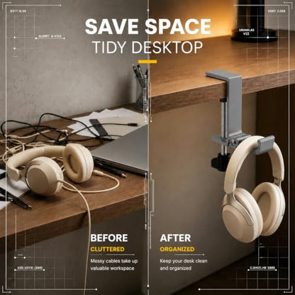 JAKO Aluminum Alloy Headphone Stand for Desk, Foldable Headphone Holder - Headset Stand Hook Mount, PC Gaming Headset Holder Under Desk Clamp for Office, Computer, Student Class Table, Handmade Table - color: Grey