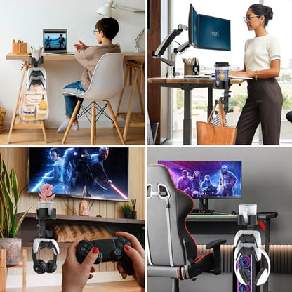 Desk Controller Headphones Holder for Xbox/PS4/PS5, 3-in-1 Desk Cup Holder with 360° Rotating Adjustable Headset Hanger Controller Stand Clamp On Desk Organizer Gaming Accessories for Desk
