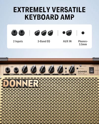 Donner DKA-20 Keyboard Amplifier 20 Watt Keyboard AMP with Aux in and Two Channels, Bass Guitar Amp, Piano Amplifier, Electronic Drum Speaker Support for Microphone Input - color: Modern Brown