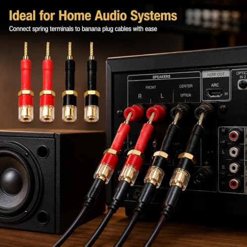 Banana Plug to 4mm Female Adapter 4-Pack, 30A Gold-Plated Spring-Loaded Flex Pin, Color-Coded Red/Black, 6-24AWG for Yamaha Sony Denon Amplifier Receiver Home Theater Speaker Binding Post Wall Plate