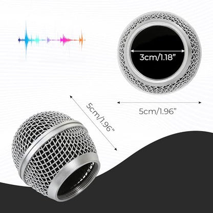 Replacement for DM-RGB SM58 Microphone Ball Head Mesh Grill – Copper Plated with Built-in Foam, Windscreen, Compatible with Digital Handheld Wireless System, Microfono Mic Accessories (2pcs, Silver)