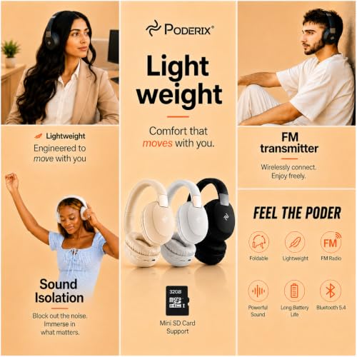PDBEAM Wireless Foldable Bluetooth Over Ear Headphones with Mic, Micro SD Card Playback, 25H Playtime, 120H Standby, FM Radio, Lightweight for Travel, Work, Gym or Yoga - color: Gray (White / Silver)