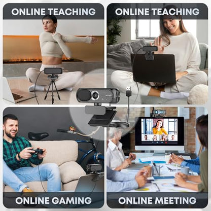 2K Webcam with Microphone, Noise Cancellation, Privacy Cover, Wide-Angle Lens, Auto Light Correction, Plug & Play USB Webcam for Laptop, Desktop, PC, Mac, Zoom, Skype, Streaming (Black)
