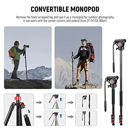 NEEWER 72" Fluid Head Video Tripod Monopod, Aluminum Alloy QR Plate Compatible with DJI RS Gimbal, 360° Pan & +90°/-70° Tilt for DSLR Camera Camcorder, Max Load 13.2lb/6kg, TP72A - style: TP72A