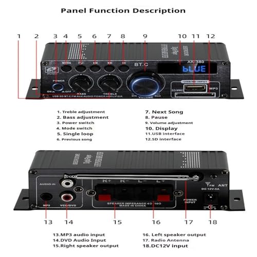 AK-380 블루투스 5.0 홈 오디오 앰프, 최대 400W+400W 2.0CH HiFi 스테레오, 12V 5A 전원 공급 장치, USB SD BT.C FM AUX 포함 무선 수신기, 자동차 홈 바 차고용