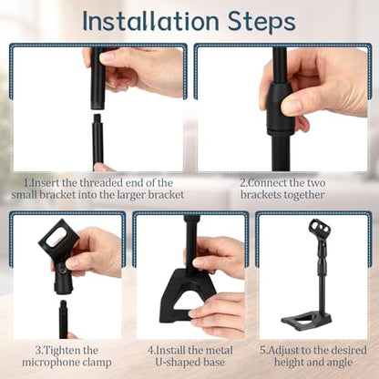 Hicarer 4 Pcs Desktop Mic Stand Height and Angels Adjustable for Diameter Max 1.18" Tabletop Mic Stand Microphone Desk Stands Metal U Shape Weighted Base for Podiums, Meeting Rooms(Black)