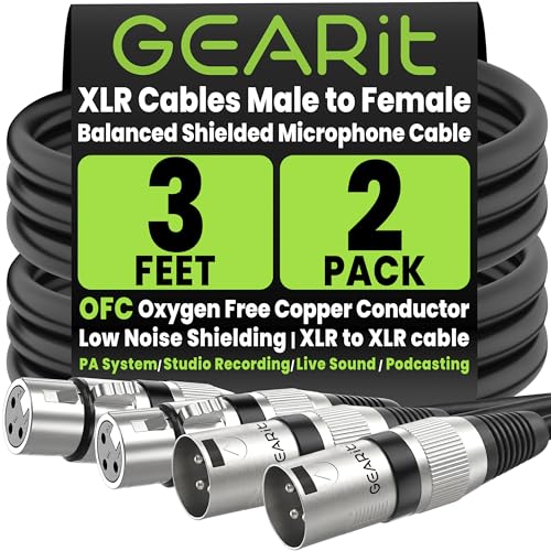 GEARit 22AWG OFC XLR Cables 3 FT 2-Pack Male to Female for Podcast Studios | Balanced 3-Pin Microphone Cables with Dual Shielding for Streamers Content Creators Mixers Interfaces and Home Recording - size: 3 Feet (2-Pack), style: 2 Pack