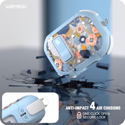 WENEW for AirPods Pro 3 Case (2025) Cover Secure Lock Automatic Snap Switch Clip Cleaner Kit Lanyard Women Stylish Flower Hard Shell Full Body Front LED Visible (Blue, AirPods Pro 3) - color: Blue, size: AirPods Pro 3