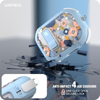 WENEW for AirPods Pro 3 Case (2025) Cover Secure Lock Automatic Snap Switch Clip Cleaner Kit Lanyard Women Stylish Flower Hard Shell Full Body Front LED Visible (Blue, AirPods Pro 3) - color: Blue, size: AirPods Pro 3