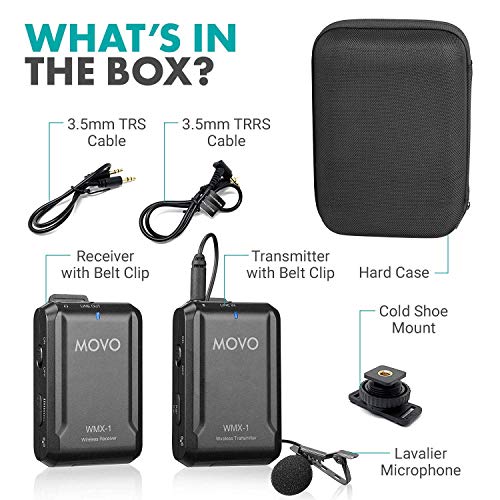 Movo WMX-1 2.4GHz Wireless Lavalier Microphone System Compatible with DSLR Cameras, Camcorders, iPhone, Android Smartphones, and Tablets (200' ft Audio Range) - style: 1 Transmitter