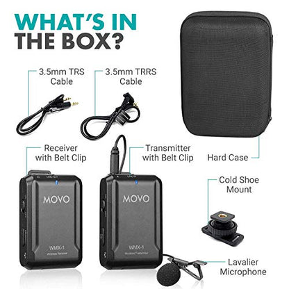 Movo WMX-1 2.4GHz Wireless Lavalier Microphone System Compatible with DSLR Cameras, Camcorders, iPhone, Android Smartphones, and Tablets (200' ft Audio Range) - style: 1 Transmitter