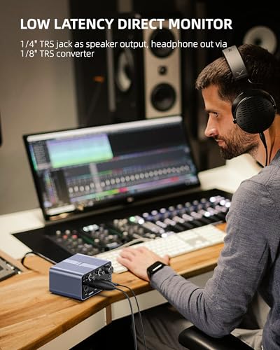 LEKATO USB Audio Interface, 24-bit/192kHz Audio Interface with XLR, 48V Phantom Power for Smartphone Computer Recording, Streaming, Guitar, Music Production, Podcast