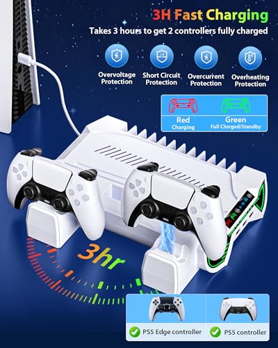 PS5/Slim/Pro Cooling Station and Controller Charging Station with LED Stand for PlayStation 5 Console - PS5 Controller Charger, Cooling Stand Accessory Kit-Cooler Fan/Headset Holder/3 USB Hub, White - color: White
