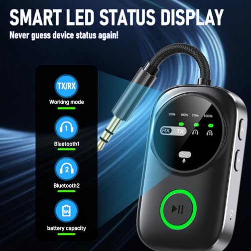 Bluetooth 5.4 Transmitter Receiver for 2 AirPods/Headphones, 2-in-1 Wireless Adapter with Microphone, Audio Adapter with 3.5mm Audio Jack, Suitable for Airplane, Car, TV, PC, Home Stereo - color: Black