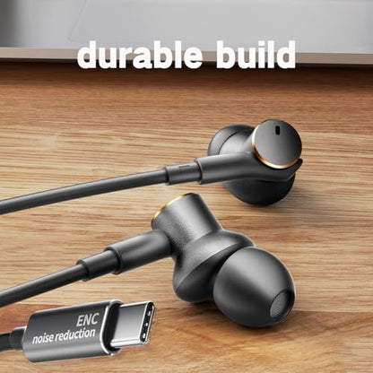 USB-C Earbuds Noise Cancellation Hybrid Driver Bass Boost Wired Headphones | Type C Plug,Deep Bass Ear Bud Call Noise-canceling Mic Wired Earphone Compatible with iPhones 17 16 15 pro max and C port