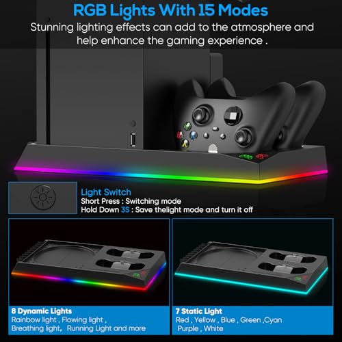 Upgrade Stand for Xbox Series X with Back Cooling Fan& RGB Lights, Charging Station with Controller Charger Dock &Game Storage Rack Organizer& Headset Stand with 2X1400 mAh Rechargeable Battery Pack