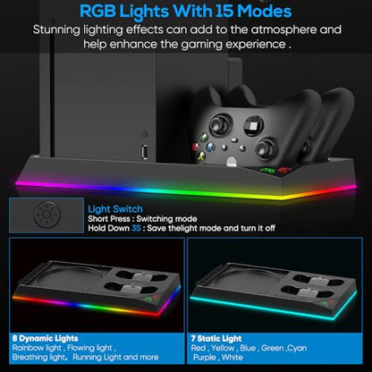 Upgrade Stand for Xbox Series X with Back Cooling Fan& RGB Lights, Charging Station with Controller Charger Dock &Game Storage Rack Organizer& Headset Stand with 2X1400 mAh Rechargeable Battery Pack
