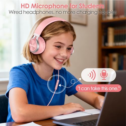 INFURTURE USB C Headphones Wired with Mic & Volume Control, Noise Isolating Over-Ear Headphones, Tangle-Free Plaiting Line, Foldable Headphone for School/Travel/iPad,Tablet,iPhone 17/16/15(Pink) - color: Blush Pink