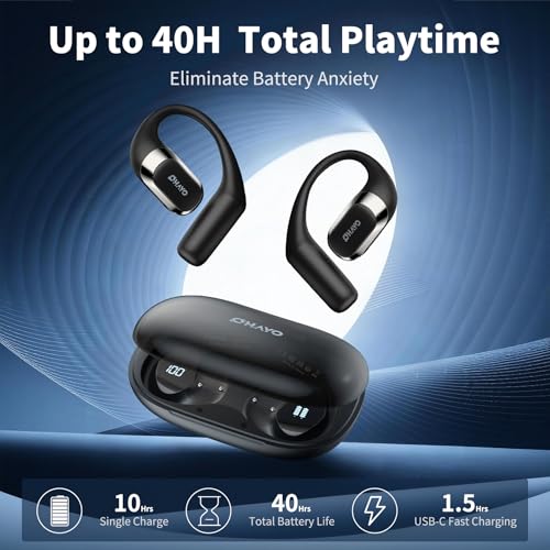 OHAYO Open Ear Headphones,Over Ear Earbuds with Ergonomic Earhook,Bluetooth Headphones 5.4 with Smart Digital Display,40H Playtime,IPX6 Waterproof,Touch Control Operate Fit Cycling,Running,Workout - color: Black