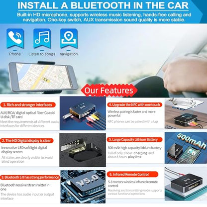Bluetooth 5.0 Adapter, Bluetooth Transmitter and Receiver for Home Stereo Hi-Fi Audio with 3.5mm, RCA, Coaxial, Optical, NFC, Aptx-LL - for Home, Car, AV Receiver or Amplifier (M6)