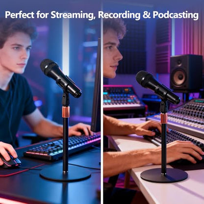 Desktop Microphone Stand for Podcast Recording | 9-16.5“ Height Adjustable Mic Stand for Desk with 1.3 lb Weighted Base, Universal 3/8” to 5/8" Adapter and 2 Clips - size: Mic Stand Desktop