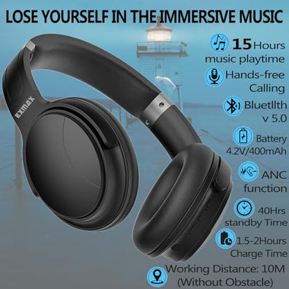 EXMAX H5 Bluetooth Headphones Over Ear ANC Hi-Fi Stereo Wireless/Wired Over-Ear Headphones + Microphone Foldable Comfortable Earmuffs Earpads 25 Hours Playtime for Online Class PC Cellphones TV