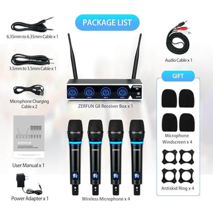 4 Channel Rechargeable Wireless Microphone System, Pro UHF Metal Handheld Wireless Microphones Cordless Mics for Karaoke Singing Church with VOL Control, 4x50 Adjustable Frequency(G8)