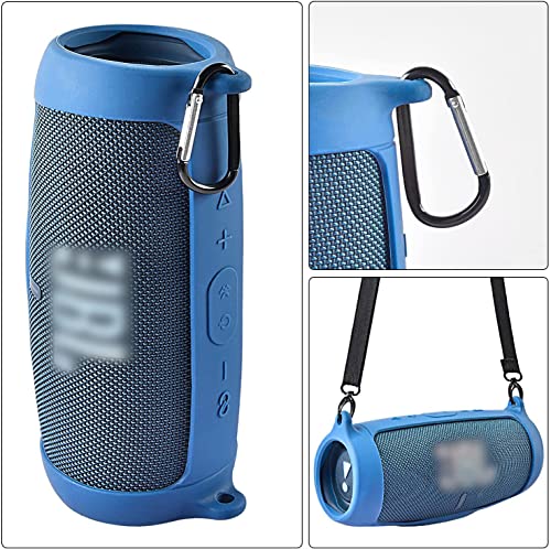 Silicone Case Cover for JBL Charge 5 Waterproof Portable Bluetooth Speaker, Travel Carrying Protective Gel Soft Skin, Waterproof Rubber Pouch with Shoulder Strap and Carabiner - Blue - color: Blue
