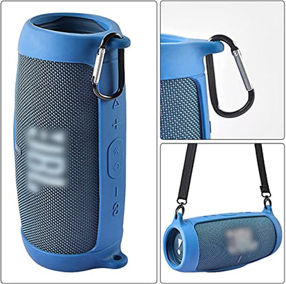 Silicone Case Cover for JBL Charge 5 Waterproof Portable Bluetooth Speaker, Travel Carrying Protective Gel Soft Skin, Waterproof Rubber Pouch with Shoulder Strap and Carabiner - Blue - color: Blue