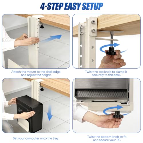 Adjustable Under Desk PC Mount, Heavy Duty No Drilling Clamp Mount on Desk Fits Most PC Tower 14.5”-22.4” (H) , Thickened & Ultra Strong CPU Holder for Standing Desk & Home Office, White - color: White