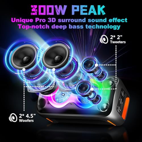 YMG Karaoke Machine for Adults Portable Blue Tooth Party Speaker with 2 Wireless Microphones, 300W Peak PA System Deep Bass Fast Charging with LED Disco Lights for Outdoor Home Party Gift