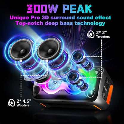 YMG Karaoke Machine for Adults Portable Blue Tooth Party Speaker with 2 Wireless Microphones, 300W Peak PA System Deep Bass Fast Charging with LED Disco Lights for Outdoor Home Party Gift