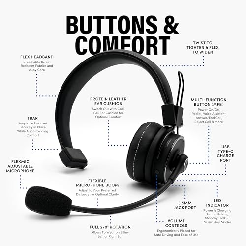 Blue Tiger Elite Ultra 2.0 Wireless Bluetooth Headset – One-Ear Piece Trucker Professional Headset - Bluetooth 5.2 with Microphone – 60 Hours Talk Time, 1200 Hours Standby