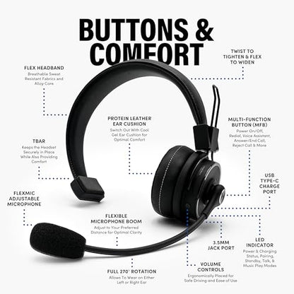 Blue Tiger Elite Ultra 2.0 Wireless Bluetooth Headset – One-Ear Piece Trucker Professional Headset - Bluetooth 5.2 with Microphone – 60 Hours Talk Time, 1200 Hours Standby