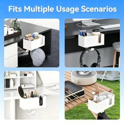 Desk Cup Holder Clamp with Headphone Hanger and Storage Tray | Clamp on design, rotating headphone hanger, detachable storage tray, cable holes, fits 5-50mm desks - color: White