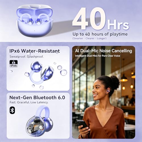Clip-On Open Ear Earbuds for Women, Bluetooth 6.0 Wireless Earbuds with Hi-Fi Stereo Sound, Lightweight Headphones for Small Ears, Comfortable All-Day Wear, 40H Playtime, USB-C, Daily Use - color: Purple