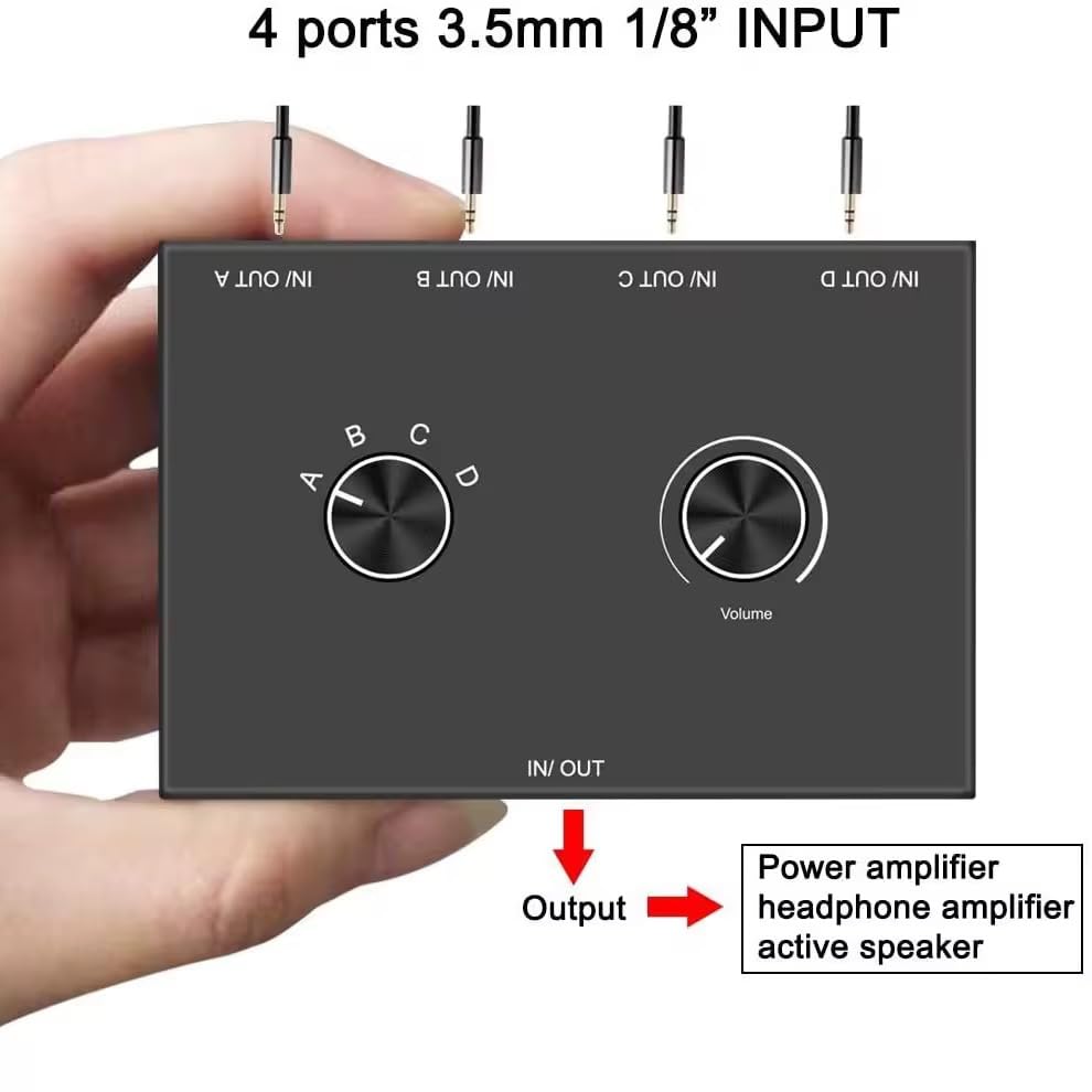 3.5mm Audio Switch 4-in 1-out/1-in 4-Out Bidirectional Stereo Switch 4 Way Switch Selector Splitter Box Headphone Amplifier