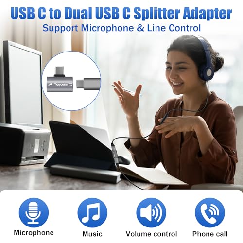 Dual USB C Headphone and Charger Adapter Splitter, 2-in-1 Type C to USB-C Audio Adapter with PD 60W Fast Charge, Type-C Splitter Dongle Converter for iPhone 16 Series, Galaxy S24/23, iPad Pro, Pixel 8 - style: Dual USB C (PD Charging + Audio)