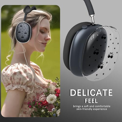 Joyland Silicone Case for AirPods Max Headphones,Black Cherry Star Soft TPU Ear Cups Cover/Ear Pad Cover/Headband Protection for Apple AirPods Max USB-C/Lightning (2024/2020),Clear Black - color: Black-Cherry Star