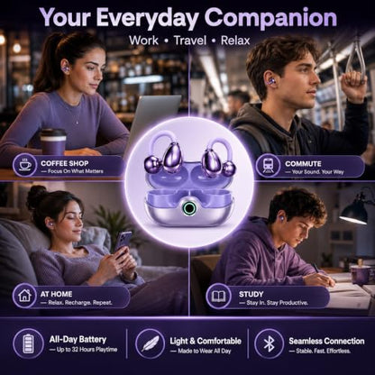 OpenEarRing Open Ear Headphones, Open Ear Earbuds, Clip-On Wireless Earbuds with Bluetooth 6.0, Built-in Mic, 40H Playtime, Lightweight Secure Fit Earbuds for Running, Sports, Workout, purple earbuds