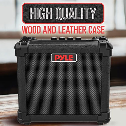 Pyle Portable Electric Guitar Amp - Battery or Wall Power Mini 10 Watt Mini Practice Instrument Amplifier w/ 5" High Definition Speaker, Headphone Out, Volume, Bass, Treble, Distortion, Gain Controls