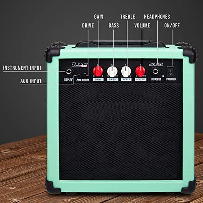 LyxPro Electric Guitar Amp 20 Watt Amplifier Built in Speaker Headphone Jack and Aux Input Includes Gain Bass Treble Volume and Grind - Green - color: Green, size: 20 Watt